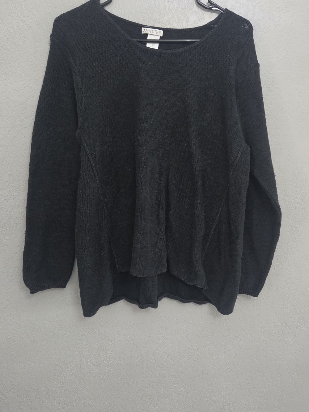 Avalin Black Slub Knit Cotton Crewneck Pullover Sweater Hi-Lo One Size OS